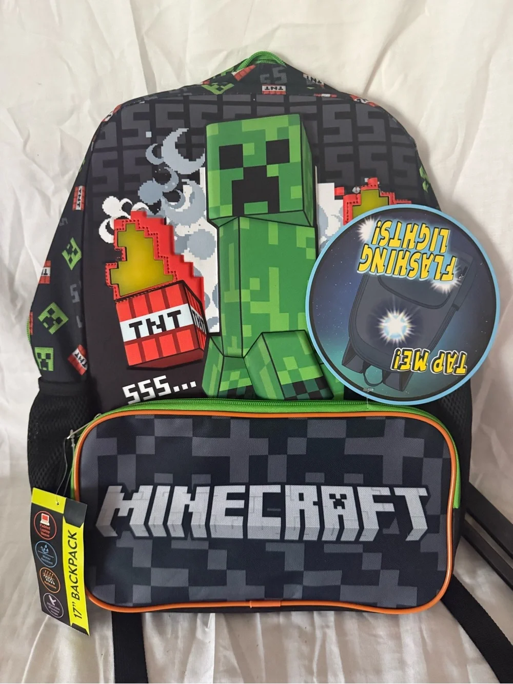 Minecraft Kids Creeper Black & Green Backpack with Flashing Lights